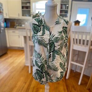 C&C California white & green sleeveless banana leaf button down linen shirt